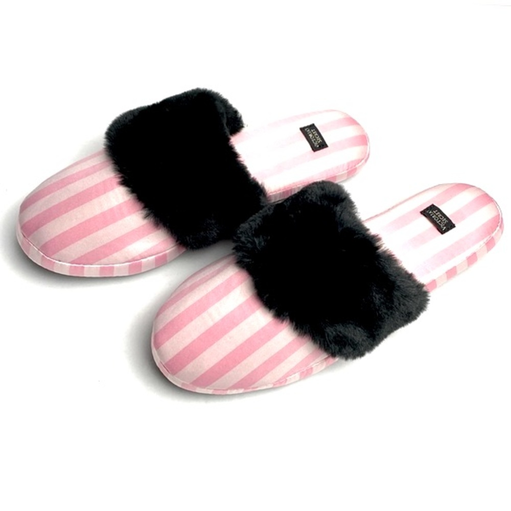 Victoria Secrets Signature Satin & Faux Fur Slippers Size M